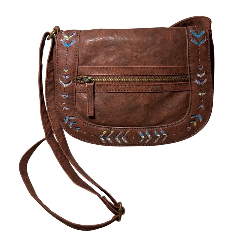 Mossimo Supply Co Brown Faux Leather Crossbody Bag Embroidered Design Zip Pocket